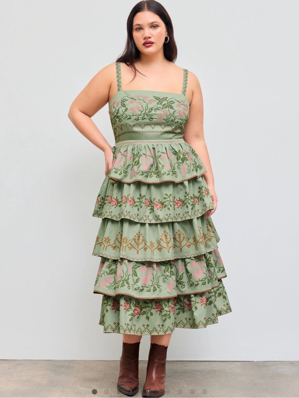 Cider Sage Green Tiered Midi Dress with Pink Floral Embroidery